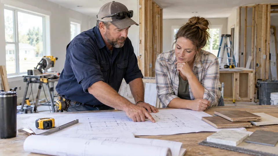 Illustrative scene: contractor and homeowner reviewing renovation plans and material samples