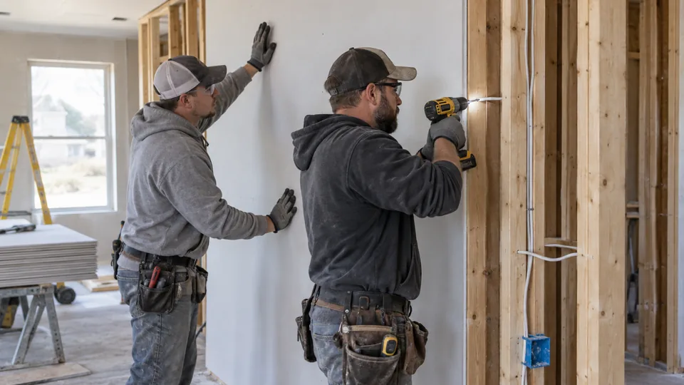 Illustrative scene: two workers positioning and fastening a drywall sheet to wall framing