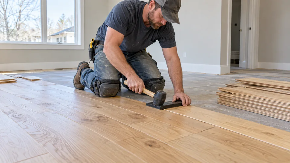 Illustrative scene: flooring installer fitting oak planks with a tapping block and mallet