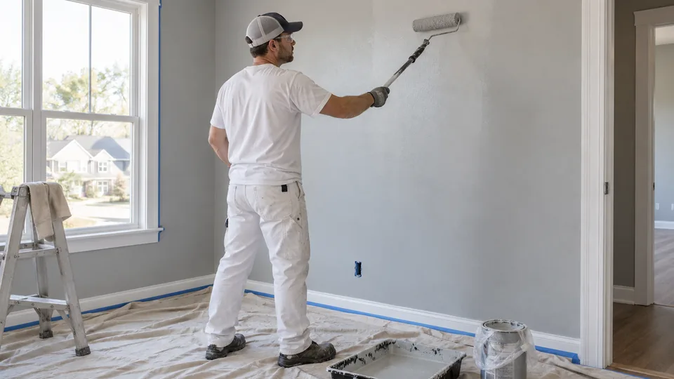 Illustrative scene: painter applying paint with a roller above a protected floor