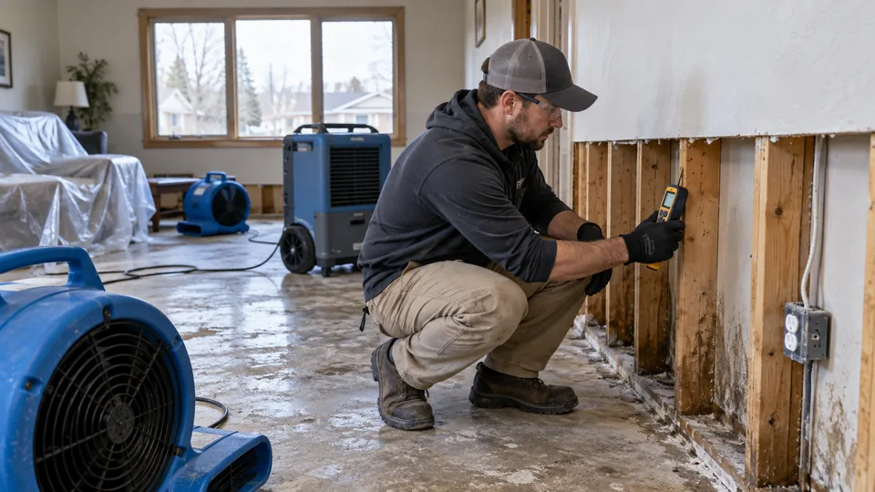 Illustrative scene: water-damage restoration technician checking exposed framing beside drying equipment
