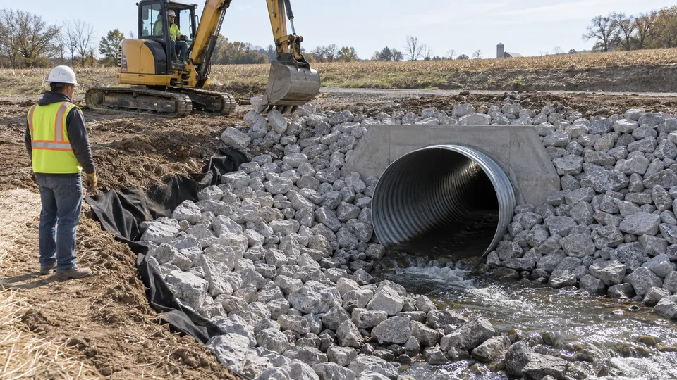 Illustrative scene: riprap placement and filter fabric around a culvert outfall