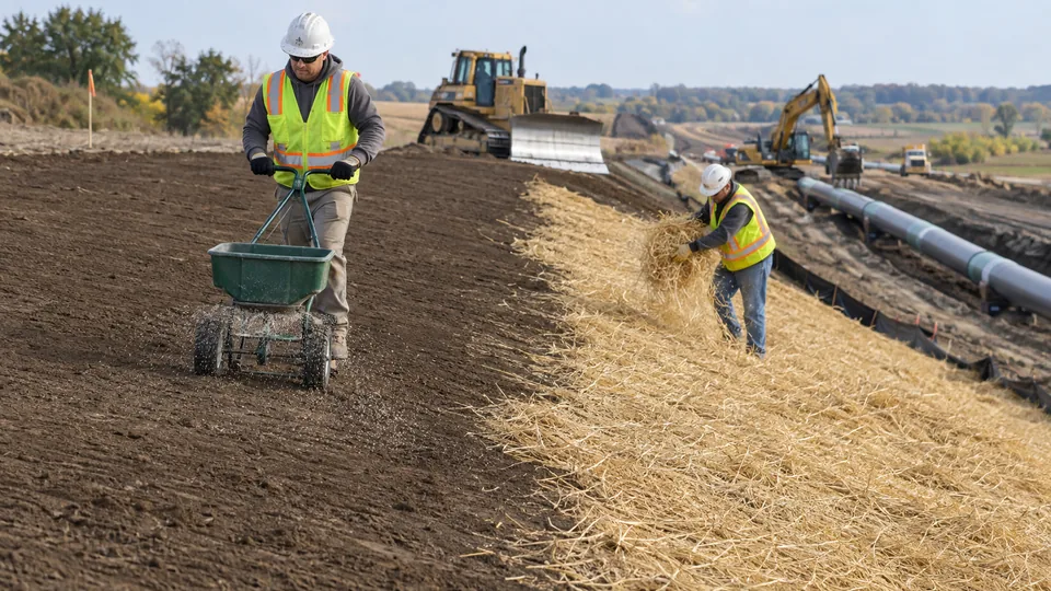 Illustrative scene: workers spreading seed and straw mulch along a disturbed utility corridor