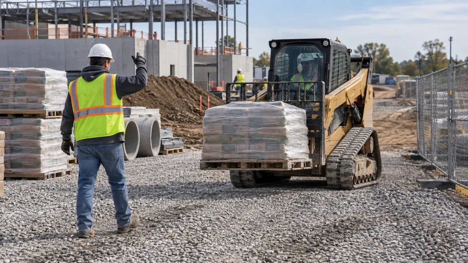 Illustrative scene: tracked loader and construction worker coordinating material placement on a commercial site